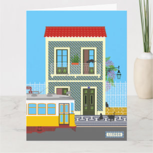 Tarjeta Vieja casa de Lisboa con gatos y tranvía amarillo