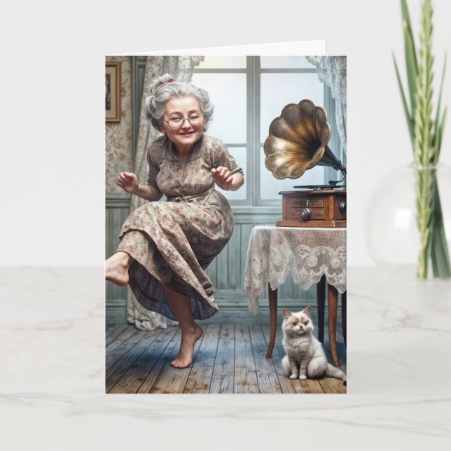 Tarjeta Vieja de cumpleaños bailando a un gramófono (Anverso)
