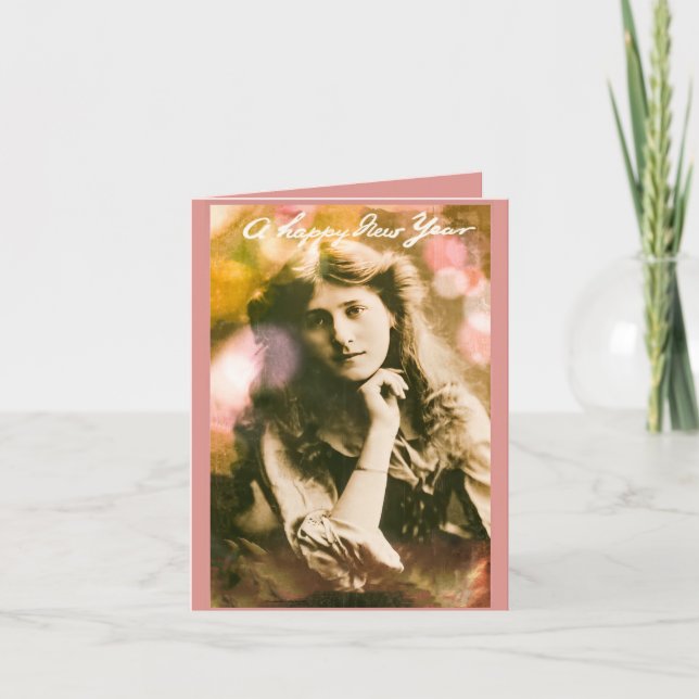 Tarjeta Vieja mujer de Año Nuevo en rosa (Anverso)