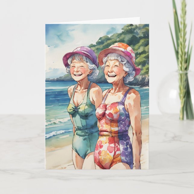 Tarjeta Viejas Damas En El Cumpleaños De La Playa (Anverso)