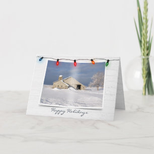 Tarjeta Viejo granero en invierno en madera