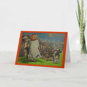 Tarjeta Viejo Jack o'Lantern Scarecrow and Boys
