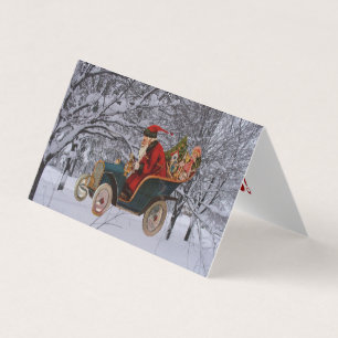 Tarjeta Viejo Santa conduciendo en modernas nevadas