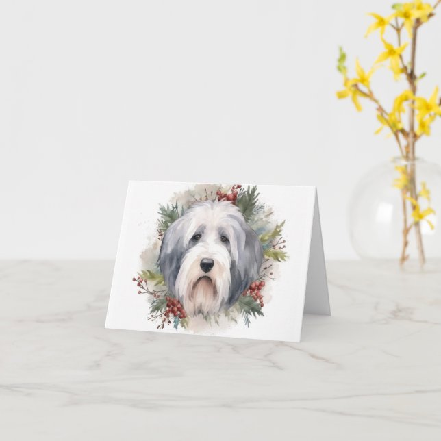 Tarjeta Viejos Navidades de Sheepdog ingleses escriben pre (flor amarilla)