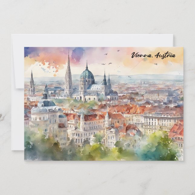 Tarjeta Vienna Austria Watercolor Painting Panorama View  (Anverso)