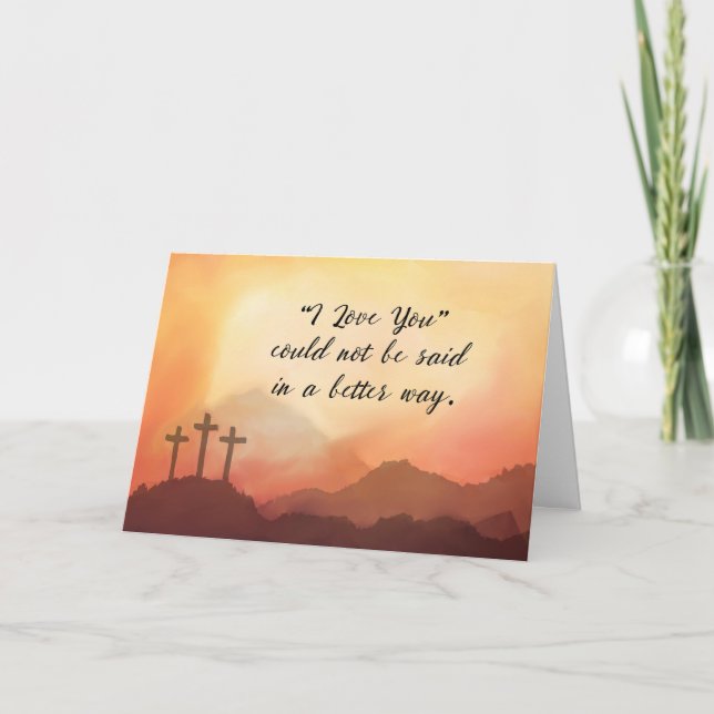 Tarjeta Viernes Santo Amor Sunset sobre montañas con cruz (Anverso)