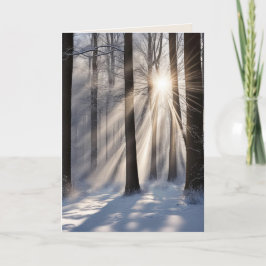 Tarjeta Vigas de sol de simpatía en el bosque de invierno