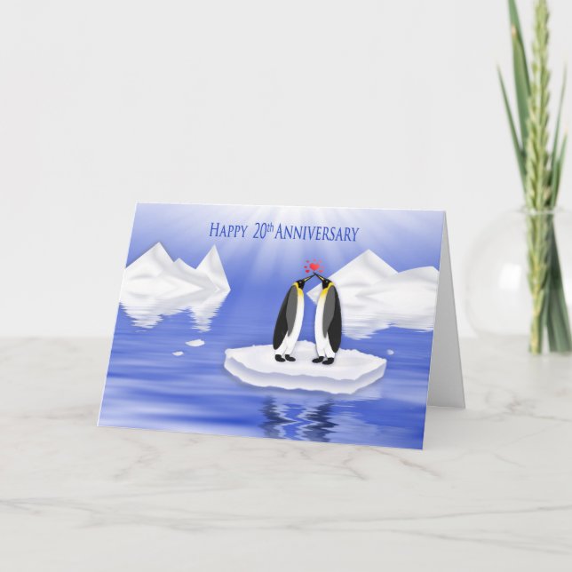 Tarjeta vigésimo Aniversario de boda, dos Penquins en amor (Anverso)