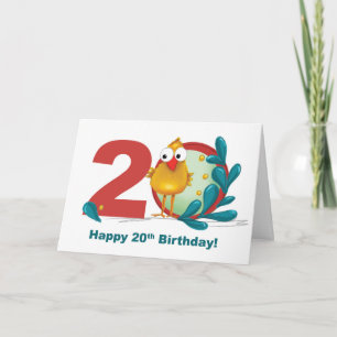 Tarjeta Vigésimo cumpleaños 20 con ramas y pájaros diverti