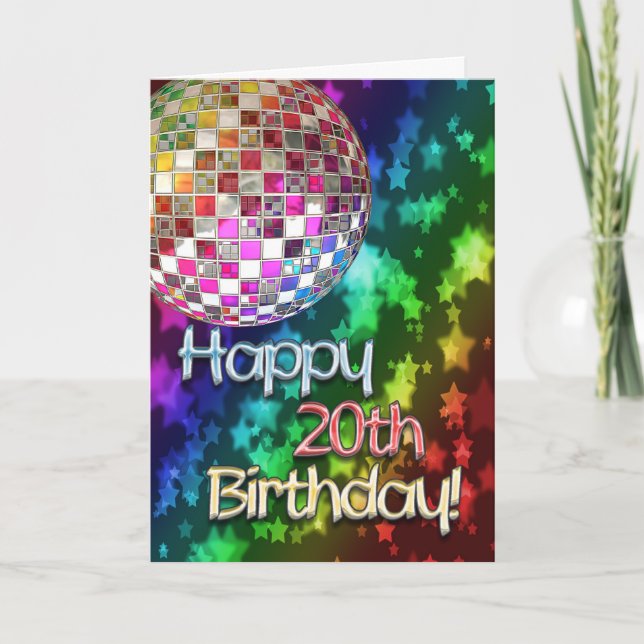 Tarjeta vigésimo cumpleaños con la bola de discoteca y el (Anverso)
