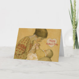 Tarjeta Viñeta de madre-bebé vintage