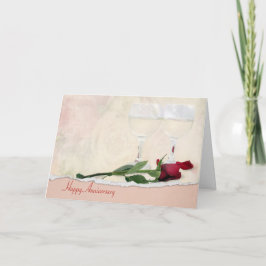 Tarjeta Vino de aniversario y rosa rojo