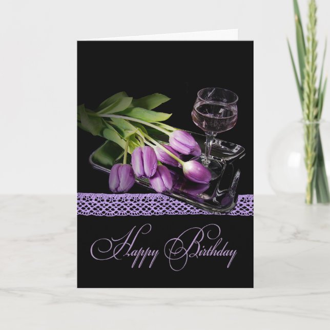 Tarjeta Vino de cumpleaños y tulipanes (Anverso)