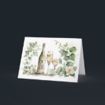 Tarjeta Vino e hiedra en el 25° aniversario<br><div class="desc">Botella acuática de vino y dos copas de vino en una suave hiedra verde y floral marco para el 25 aniversario del boda de la pareja.</div>