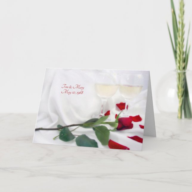 Tarjeta vino y rosa de aniversario boda en satén (Anverso)