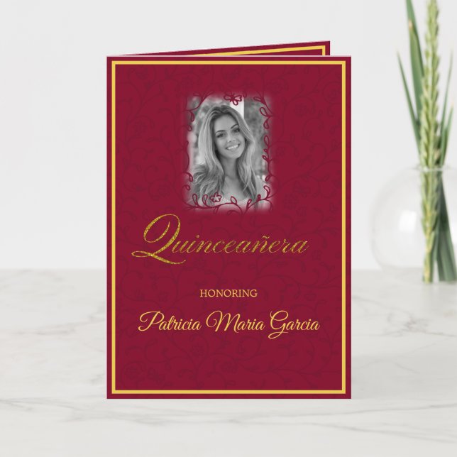 Tarjeta Vinos de flores rojas de Borgoña con quinceanera f (Anverso)