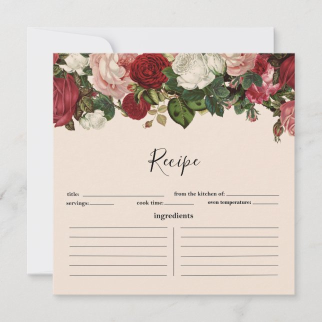 Tarjeta Vinta de Receta de Garland Floral Borgoña  (Anverso)
