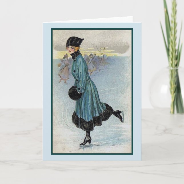 Tarjeta Vintage - Agradable Lady Ice Skating, (Anverso)