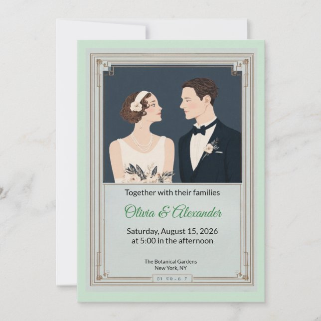 Tarjeta Vintage Art Deco Couple Wedding Invitation (Anverso)