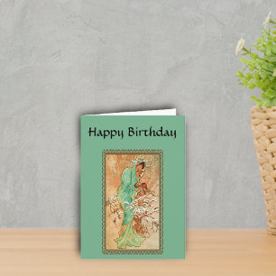 Tarjeta Vintage Art Deco Lady Green Golden Tree Cumpleaños