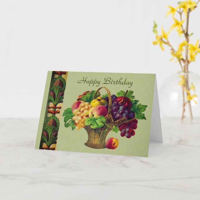 Tarjeta Vintage Art Fruit Basket Cumpleaños (flor amarilla)