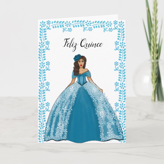Tarjeta Vintage azul Verde azulado Vestido Quinceanera Cum (Anverso)
