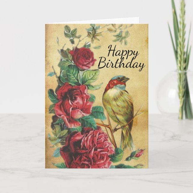 Tarjeta Vintage Bird and Rosas Happy Birday Card (Anverso)