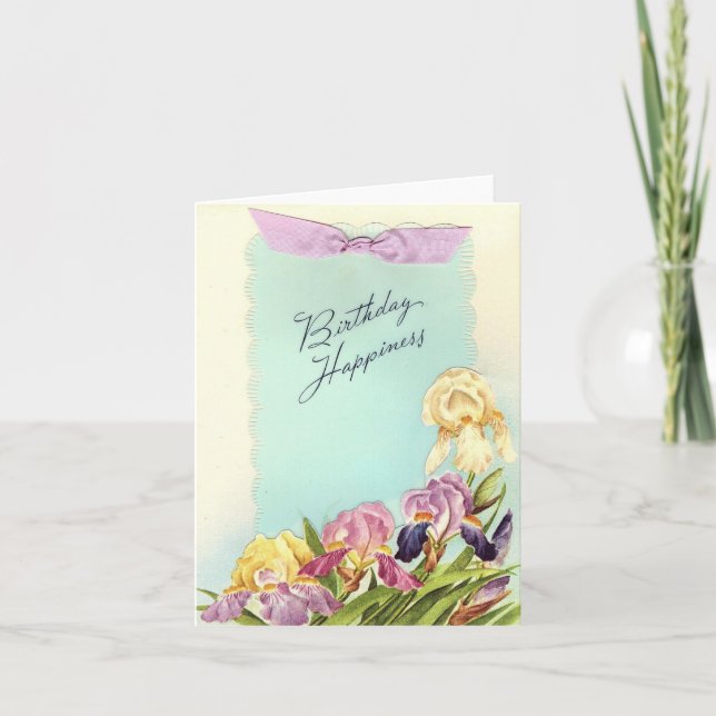 Tarjeta Vintage Birday Happiness with Irises (Anverso)