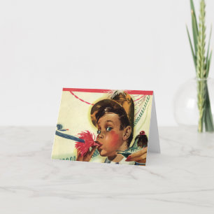 Tarjeta Vintage Birday Party, Chica con creador de ruido