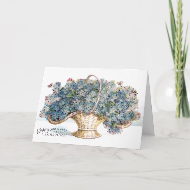 Tarjeta Vintage Birthday Beaded Basket of Blue Flowers (Anverso)