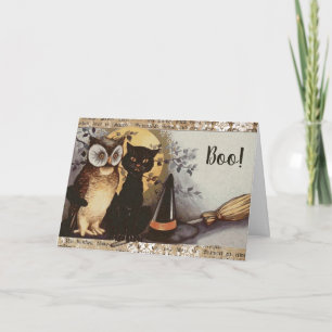 Tarjeta Vintage Black Cat and Owl Halloween
