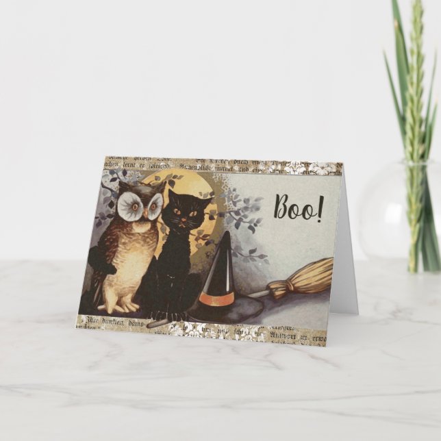 Tarjeta Vintage Black Cat and Owl Halloween (Anverso)