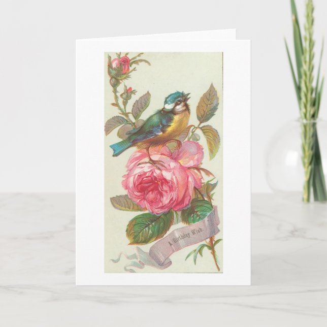 Tarjeta Vintage Blue Bird and Pink Flower Birday (Anverso)