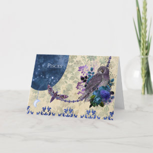 Tarjeta Vintage Blue Purple Zodiac Pisces Cumpleaños