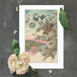 Tarjeta Vintage Bluebird House Hydrangea Birthday