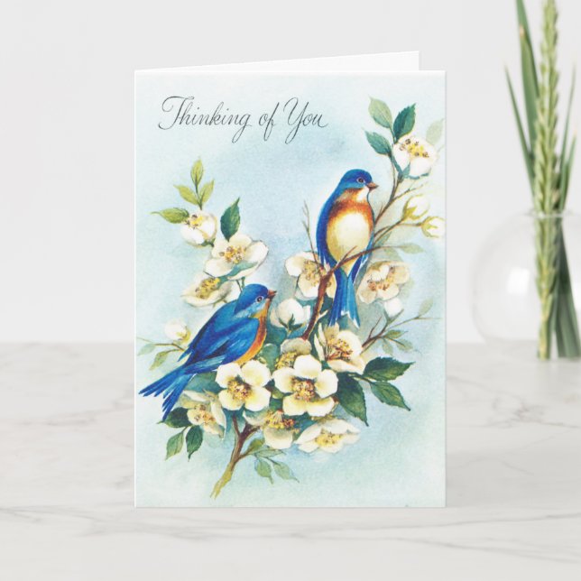 Tarjeta Vintage - Bluebirds - Pensando en ti, (Anverso)