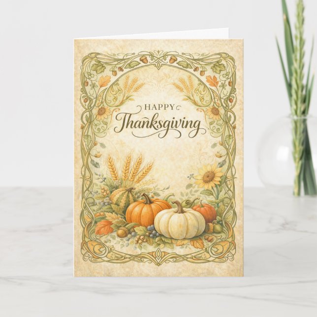 Tarjeta Vintage Botanical Thanksgiving Pumpkin Harvest (Anverso)