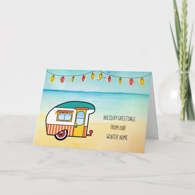 Tarjeta Vintage Camper on Beach Winter Address Navidades (Anverso)