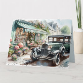 Tarjeta Vintage Car and Charming Flower Shop Watercolor