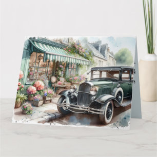 Tarjeta Vintage Car and Charming Flower Shop Watercolor