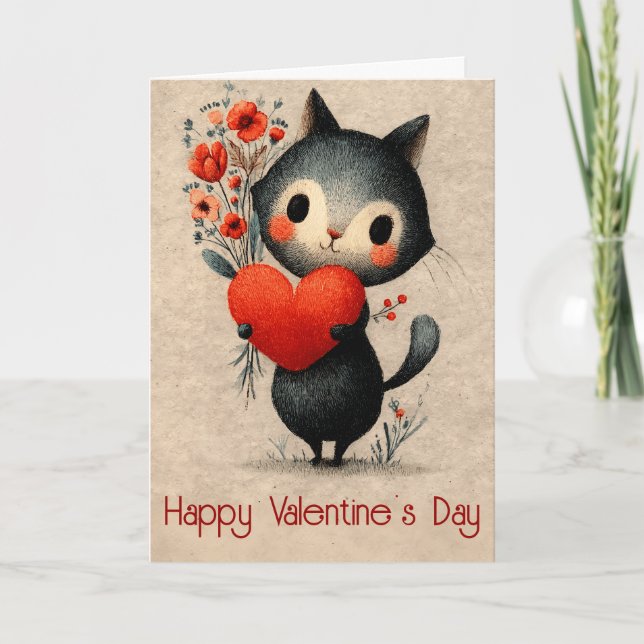 Tarjeta Vintage Cat With Heart Valentine's Day (Anverso)