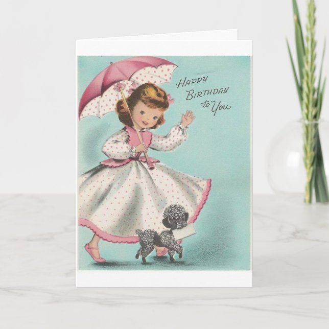 Tarjeta Vintage - Chica Cumpleañera con Caniche, (Anverso)