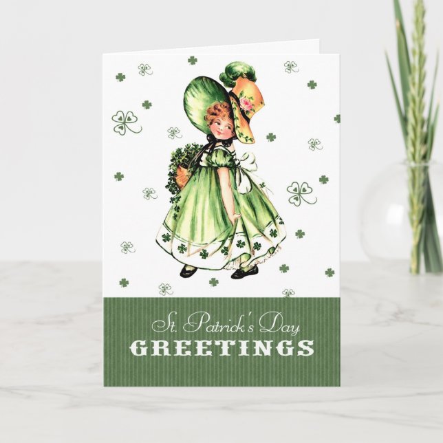 Tarjeta Vintage Chica irlandés St. Patrick's Day Greeting  (Anverso)