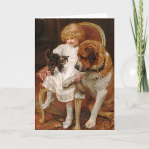 Tarjeta Vintage - chica, un St Bernard y un gatito,