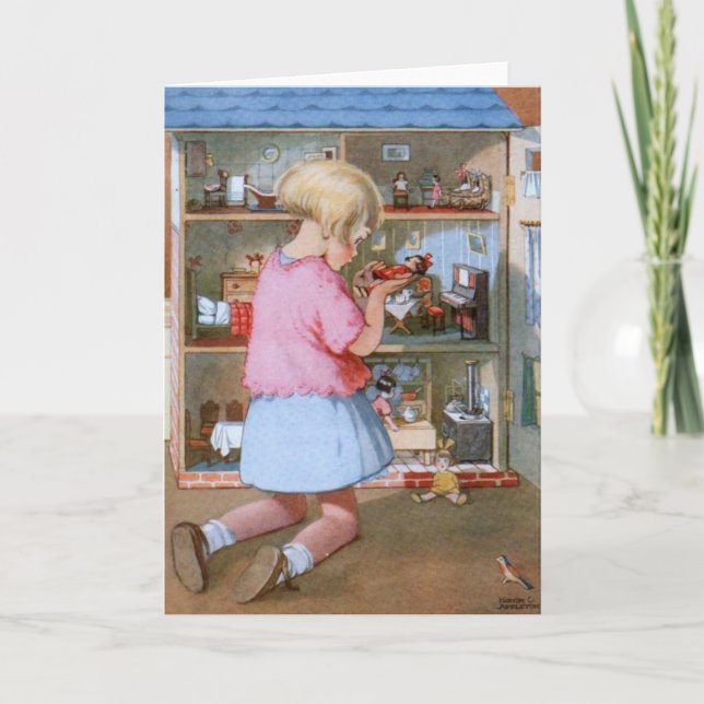 Tarjeta Vintage - Chica y Doll House, (Anverso)