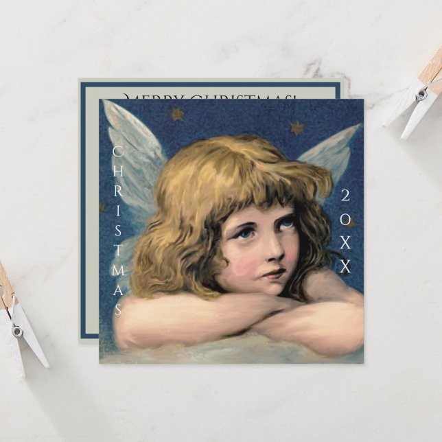 Tarjeta Vintage Christmas Angel Child White Wings Indigo (Anverso/Reverso In Situ)