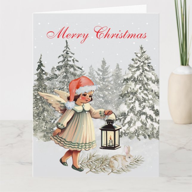 Tarjeta Vintage Christmas Angel y Rabbit (Anverso)
