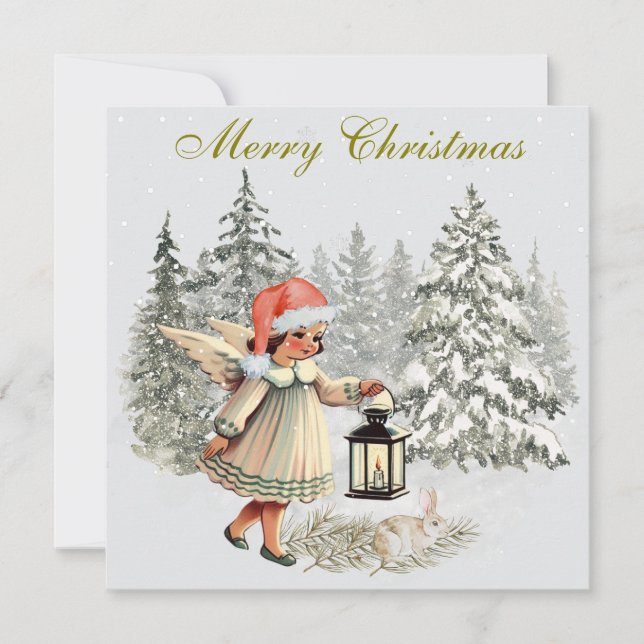 Tarjeta Vintage Christmas Angel y Rabbit (Anverso)