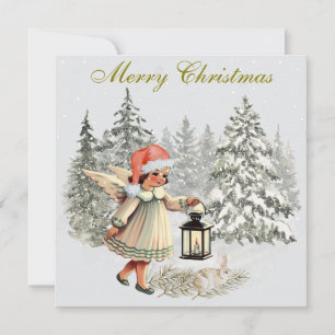 Tarjeta Vintage Christmas Angel y Rabbit
