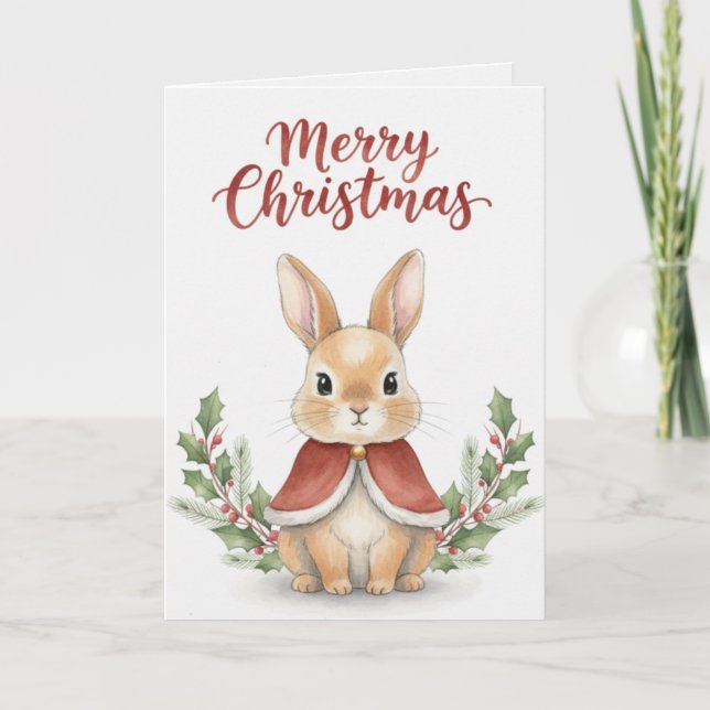 Tarjeta Vintage Christmas Bunny with Holly & Cape Card (Anverso)